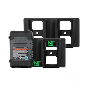 May include: Two black wall mounts with green "NT" logos, designed to hold two black and gray FLEX FR9111 Lithium-ion battery packs. The battery pack has a warning label that reads "WARNING AVERTISSEMENT ADVERTENCIA".