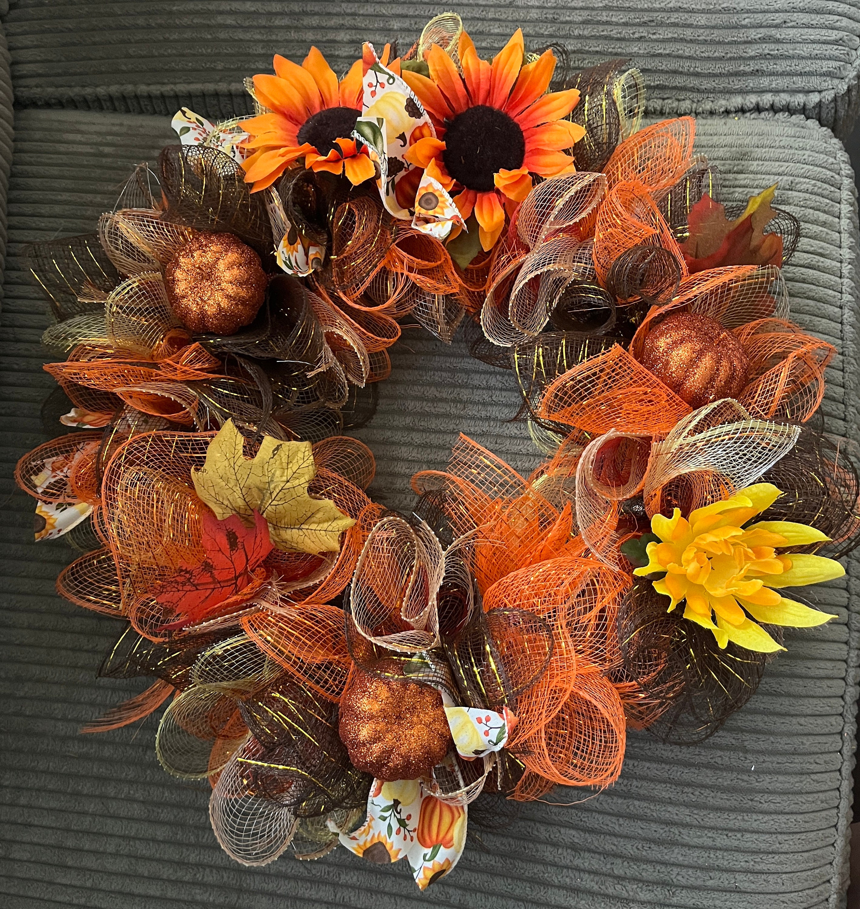 Fall Deco Mesh Wreath w/Glittered Pine Cones/Thanksgiving Harvest Deco Mesh  Wreath/Brown and Orange Thanksgiving Deco Mesh Wreath