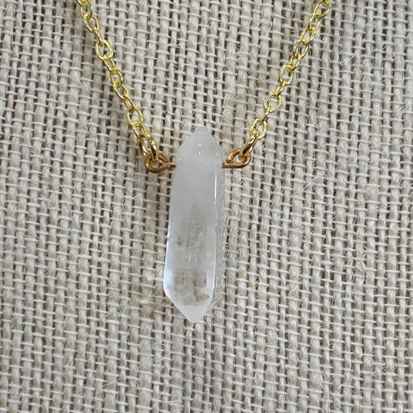 Quartz Crystal Point Pendant Necklace | 18k Gold Plated | .25x1" Genuine Clear Quartz Pendant | 16 Inch Adjustable Gold Plated Chain