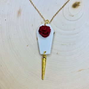 CASKET & ROSE Necklace | Matte White | Scarlet Rose | Brass Stake | 18k Gold Plated | Polymer Clay | Vampire | Halloween | Witchy | Handmade