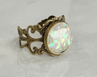 VINTAGE OPAL RING | Antique Bronze | Faux Opal | Polymer Clay | Filigree | Witchy | Boho | Handmade | Antique