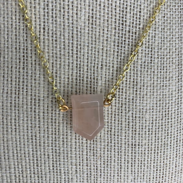 Rose Quartz Crystal Pendant Necklace | 18k Gold Plated | .75x.75" Genuine Rose Quartz Pendant | 16 Inch Adjustable Gold Plated Chain