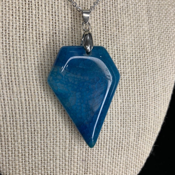 Blue Agate Crystal Pendant Necklace | Stainless Steel | .2x1.5" Dyed Agate Pendant | 20 Inch Adjustable Stainless Steel Chain