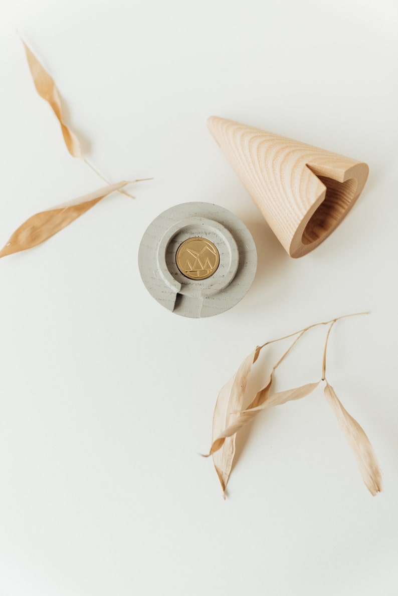 May include: A gray concrete ring with a gold coin inside, a light brown wooden cone, and dried beige leaves on a white background.