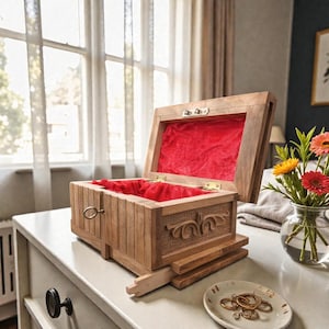Könnte beinhalten: Eine rechteckige Holzschatulle mit Klappdeckel, vertikalen Lamellen, einem geschnitzten Blumenornament auf der Vorderseite und einem leuchtend roten Stofffutter. Die Schatulle verfügt über einen kleinen Metallverschluss und eine Schublade am Boden.