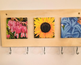 Key holder - colorful flowers and natural wood