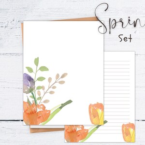 Juego de papelería con motivos florales de primavera, papel para cuaderno con tulipanes, cartas para ella, páginas pastel, juego de flores
