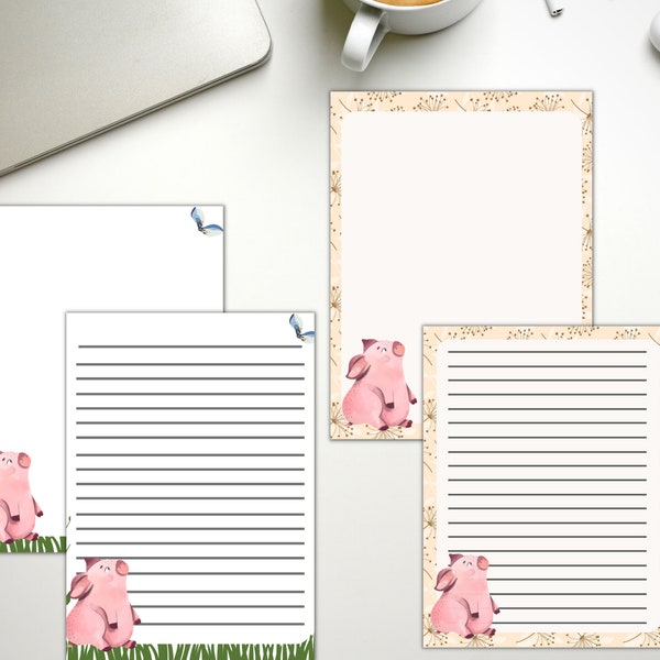 Pig stationery, US letter size, farm animal, ruled stationery, neutral farmhouse download, lunchbox notes for kids