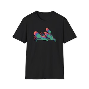 May include: Black t-shirt with a colorful graphic of a person jumping over a hurdle.