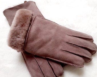 Lammfell Damen Lederhandschuhe, in dusty pink, Echte Lammfell Fingerhandschuhe, Winterhandschuhe