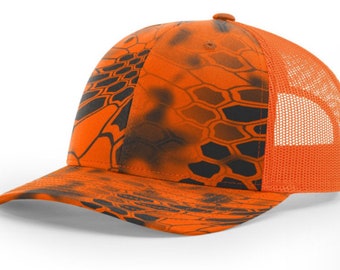 Blaze Orange Hunting Hat – Richardson 112 Trucker Cap with Deer Skull Antler Patch – Camo Mesh Snapback