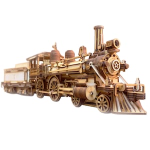 May include: A wooden model of a vintage steam locomotive train with intricate details. The model is made of light brown wood and features a large smokestack, wheels, and a detailed engine.