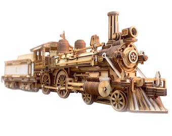 May include: A wooden model of a vintage steam locomotive train with intricate details. The model is made of light brown wood and features a large smokestack, wheels, and a detailed engine.