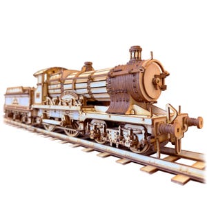 May include: A detailed wooden model of a steam train, featuring intricate designs and visible mechanical components. The model sits on a wooden track, showcasing the train's wheels and undercarriage. The train is made of light brown wood.