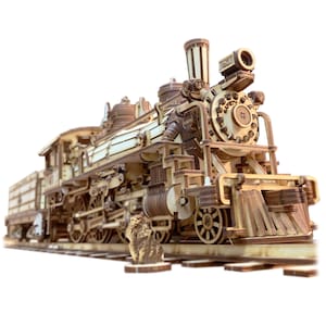 May include: A wooden model of a vintage steam locomotive train with intricate details. The model is made of natural wood and features a brown and cream colour scheme. The train has a large smokestack and a detailed engine.