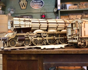 Può includere: Un modello in legno dettagliato di una locomotiva a vapore, la Royal Scot, con dettagli intricati e uno schema di colori bianco e marrone. Il modello è seduto su un tavolo di legno.