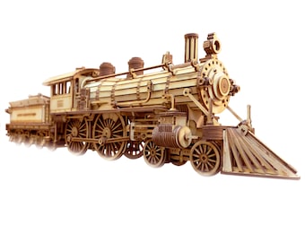 May include: A wooden model of a vintage steam locomotive with intricate details, including a smokestack, wheels, and a cowcatcher. The model is made of light brown wood and is assembled.