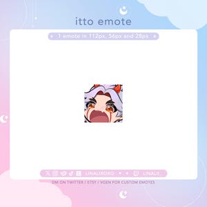 May include: A digital illustration of a character with white hair and red horns, wearing a red and black outfit. The character has a surprised expression with their mouth open and their eyes wide. The image is labelled "itto emote" and includes the text "1 emote in 112px, 56px and 28px".