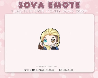 May include: A digital illustration of a cartoon character with blonde hair, blue eyes, and a brown eye patch. The character is wearing a blue and white jacket and is holding a gun. The image is labeled "SOVA EMOTE" and includes the text "1 EMOTE IN SIZES 112x112, 56x56, 28x28".