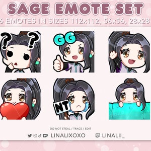 May include: Set of six digital emotes featuring a cartoon character with long black hair, wearing a purple and white outfit. The emotes include expressions like thinking, thumbs up, waving, holding a heart, crying, and hiding behind a pillow. The text "SAGE EMOTE SET" and "6 EMOTES IN SIZES 112x112, 56x56, 28x28" is displayed at the top of the image.