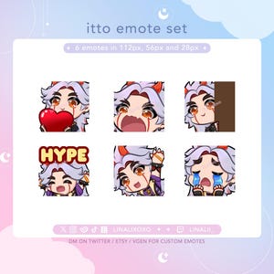 May include: A set of six digital emotes featuring a character with red horns and white hair. The emotes show different expressions, including a heart, hype, a scream, and crying. The text "itto emote set" and "6 emotes in 112px, 56px and 28px" is displayed at the top of the image.