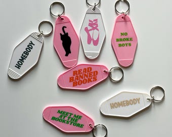 Pink Motel Keychain, cat, ballet, homebody, book