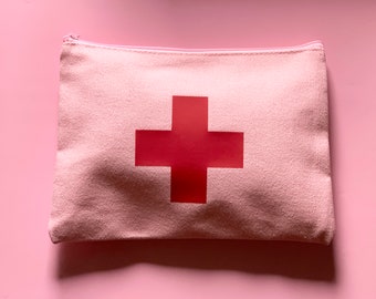 Pink First Aid Bag: Travel Meds Pouch, Red Cross Zipper