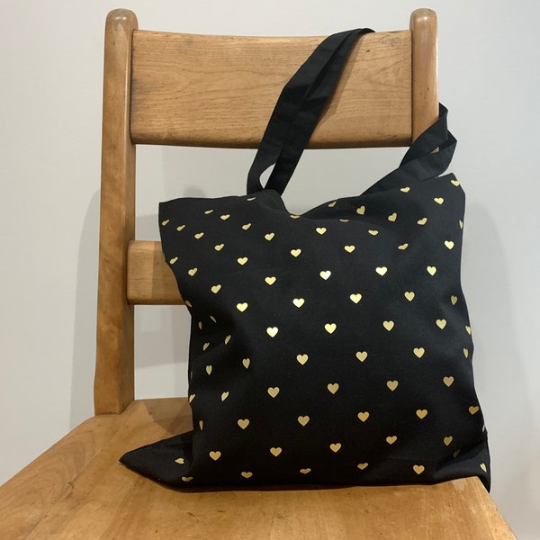 Metallic Gold Tote Bag Gold Hearts Black Tote Bag Mini Hearts Tote Bag Gift Aesthetic Tote Bag Trendy Tote Bag Cute Hearts Bag Gift for Teen