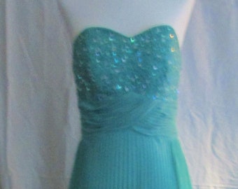 Vintage HOLLYWOOD GLAM! BLING! Blue/Green Strapless Gown Beaded Bodice Pleated Skirt 50s 60s Mod Pinup Classic Formal Event Special Occasion