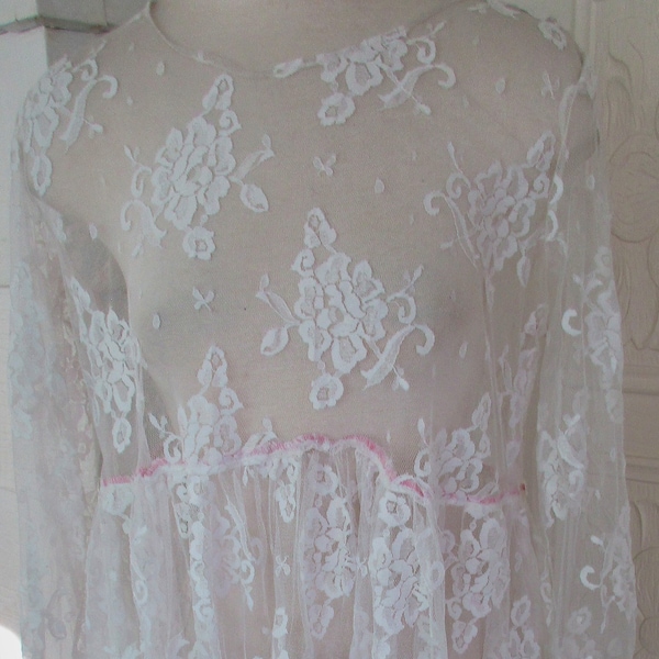 Size Large White Lace Sheer Long Sleeve Feminine Dress 60s 70s 80s 90s Y2K Mod Hippy Gothic Grunge Hipster Rocker Boho Hippy