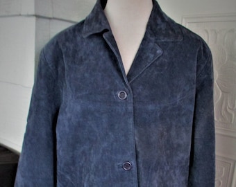 SIZE L 60s MOD Style 100% Blue Suede Leather 3/4 Length Long Sleeve Coat 70s 80s 90s Mod Boho Hippy Gothic Grunge Rocker Hipster Casual