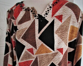 SIZE XL Multi Color Pullover Blouse/Top by Alfred Dunner Black Beading "Picasso" Type Design Long Sleeves 90s Y2K