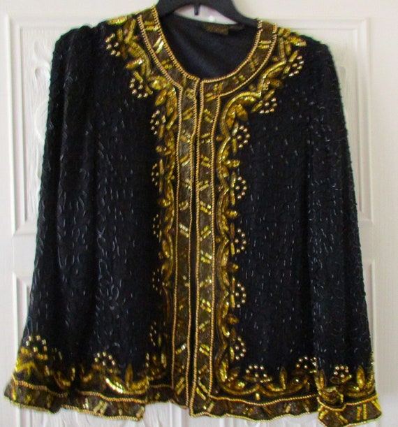 Size L UNISEX 100% Pure Silk India Black & Gold B… - image 1