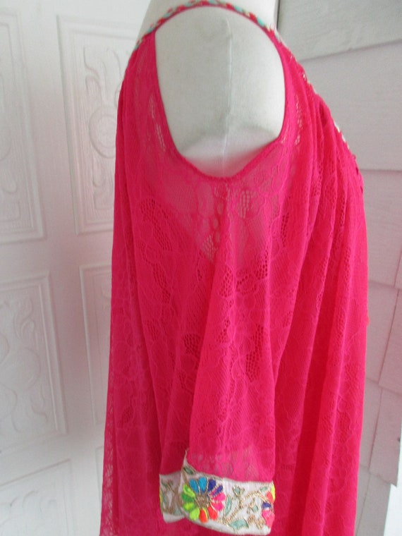 Size M Pink Lace Off Shoulder Sleeve Top 80s 90s … - image 3