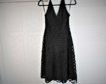 SIZE S RHAPSODY Black Frilly Lace Halter Neck Flared Dress 80s 90s Y2K Mod Boho Hippy Gothic Grunge Rocker Boho Hippy Retro Vintage