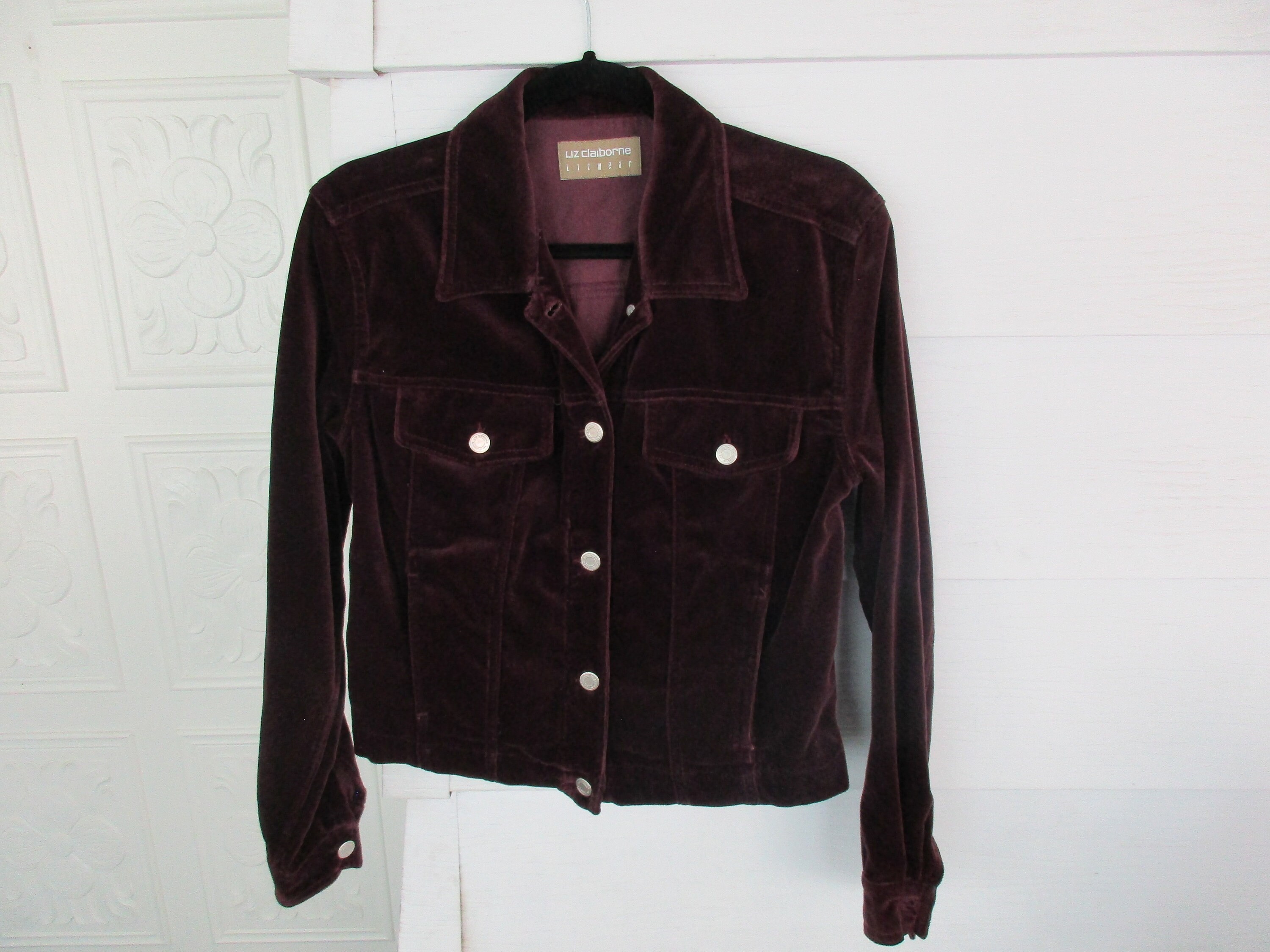 Size S LIZ CLAIBORNE 100 Cotton Long Sleeve Burgundy Jacket 70s