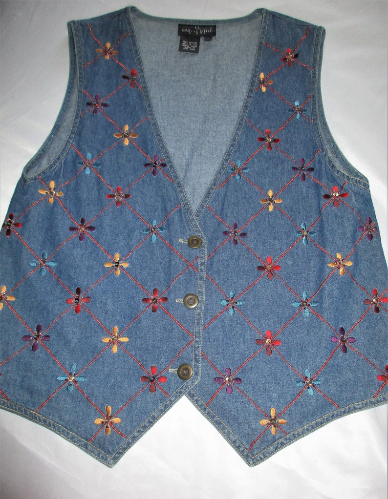 SIZE 12 100% Cotton Denim Waistcoat/Vest Beading Made In Hong Kong Unisex 70s 80s 90s Mod Boho Hippy Grunge Gothic Cowboy Rave Rocker image 1