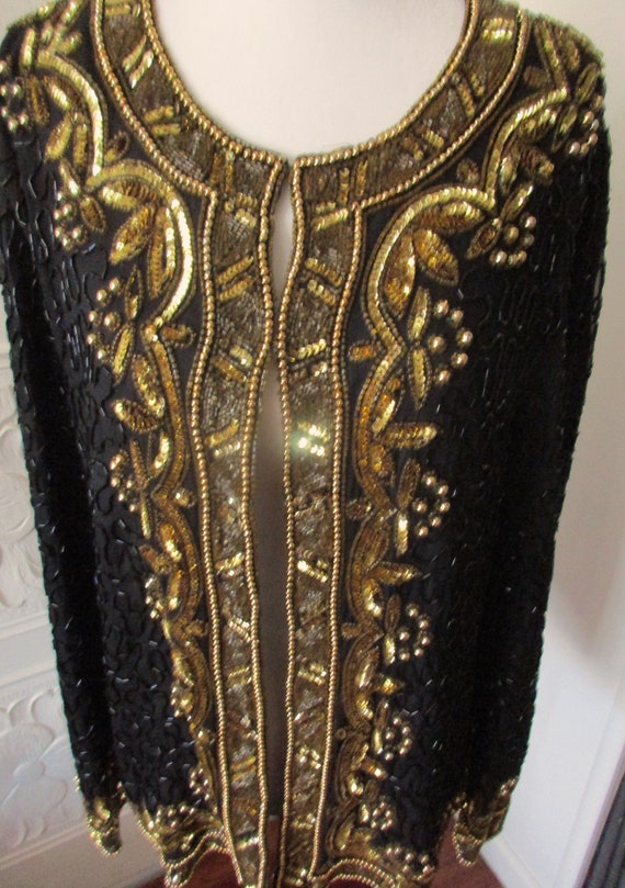 Size L UNISEX 100% Pure Silk India Black & Gold B… - image 6