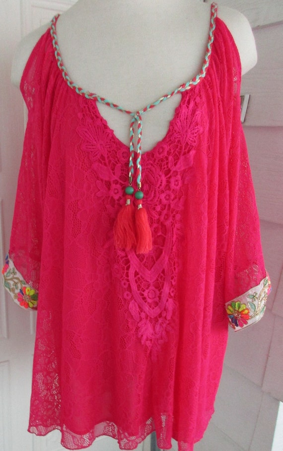 Size M Pink Lace Off Shoulder Sleeve Top 80s 90s … - image 1