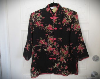 Size L - STUNNING Chinese Style Floral Glint Butterfy Closure Blouse/Light Jacket Padded Shoulders 60s 70s 80s 90s Y2K Mod Gothic Boho Hippy