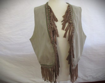 Size M/L Country Western Cowboy Stone Color Vest S/W Edging Brown Fringes Unisex 60s 70s 80s 90s Y2K Vintage Retro Boho Hippy