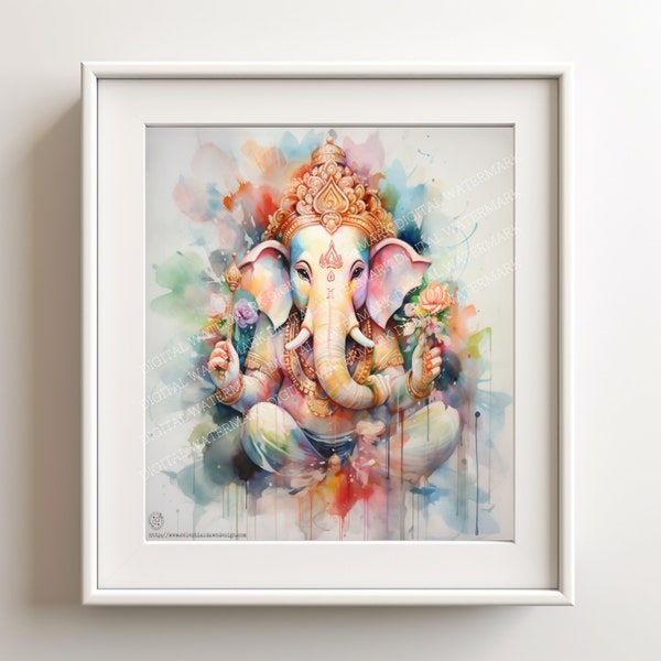 5 Images Bundle - Divine Blessings Digital Art Bundle: Set of 5 Lord Ganesha Watercolor Digital Prints - Peace & Prosperity Ganesha Wall Art