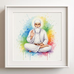 May include: Watercolour painting of a seated figure in white robes and a white turban, with a long white beard. The figure is set against a vibrant, colourful background of rainbow hues, framed in a white square frame.