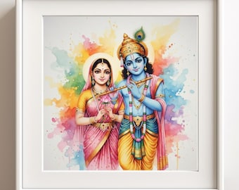 Divine Blessings Digital Art: Radha Krishna Watercolor Digital Print – Eternal Love & Devotion Hindu Wall Art