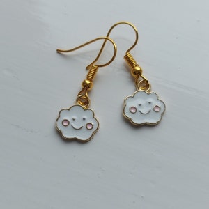 Enamel Smiling Cloud Earrings, Gold Tone, Dangle Cute Weather Ear Hooks