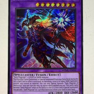 May include: A holographic trading card featuring the Dark Magician of Destruction. The card has a purple border with gold stars and text. The illustration depicts a dark figure with a staff, set against a colorful, swirling background. The card's text includes its name, type, and effects.