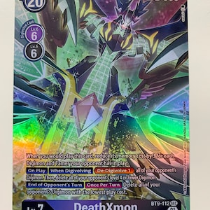 May include: A black and green Digimon trading card featuring DeathXmon, a powerful digital monster with glowing yellow eyes and sharp claws. The card is part of the BT9-112 set and is a Mega-level Virus type Digimon. The card's text describes its abilities, including reducing its memory cost and deleting opponent's Digimon.