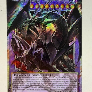 May include: A holographic trading card featuring the Red-Eyes Black Dragon Exceed with a dark, armoured dragon illustration, eight orange level stars, and text detailing the Dragon, Fusion, and Effect card type with ATK 3400 and DEF 3000.