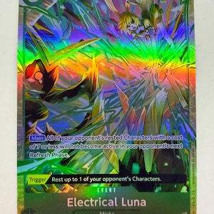 May include: A holographic trading card with a green border, featuring a character with rabbit ears and the text "Electrical Luna." The card has a number "3" in the top left corner. The background has a rainbow effect.