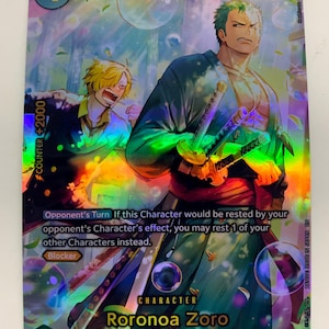 Könnte beinhalten: Holografische Sammelkarte mit Roronoa Zoro von den Supernovas/Strohhut-Crew. Die Karte hat eine Stärke von 4000 und einen Zähler von +2000. Der Hintergrund der Karte ist ein farbenfrohes, abstraktes Design mit Blasen.